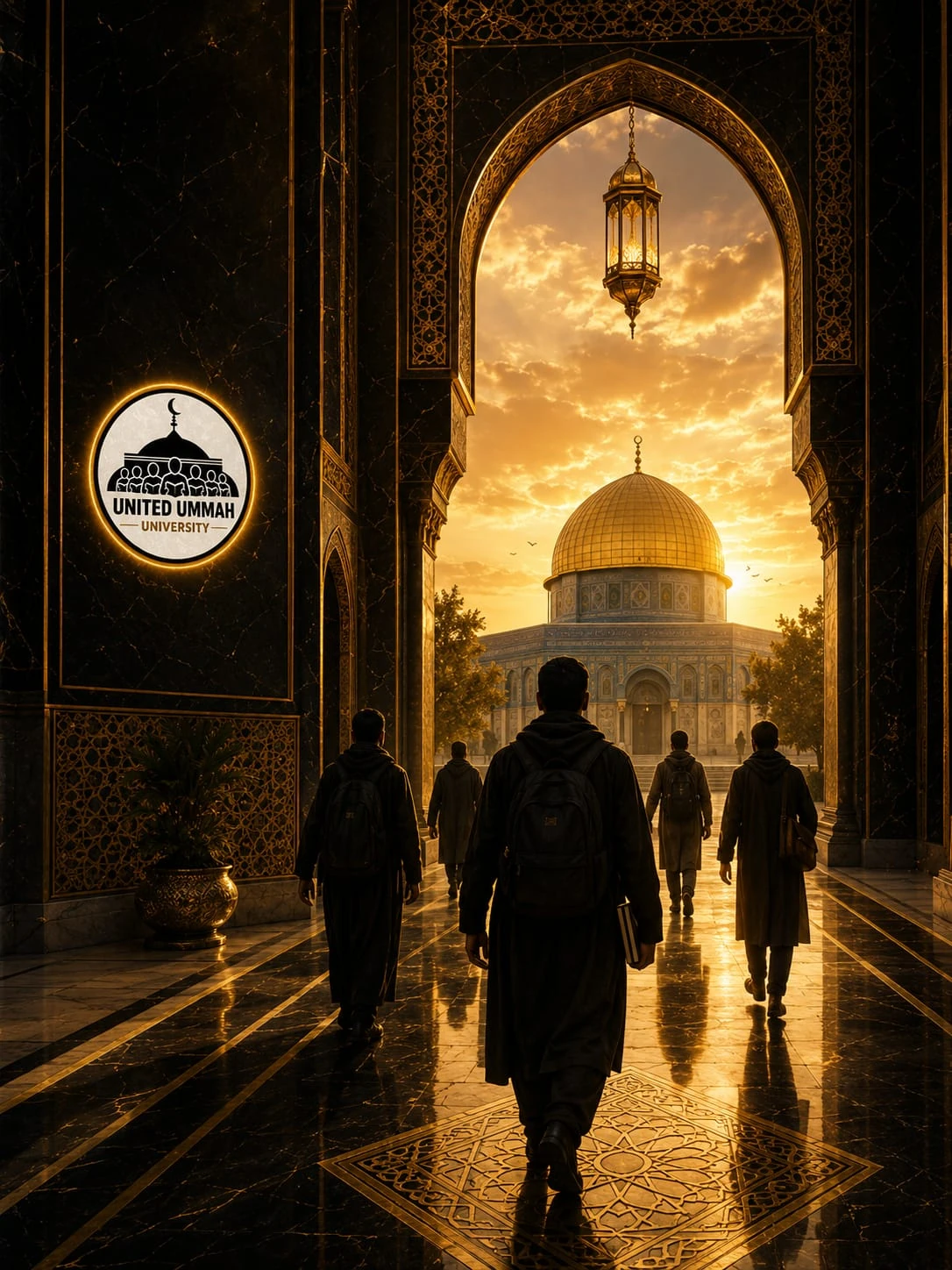 Students walking through an illuminated Islamic arch towards Al-Aqsa